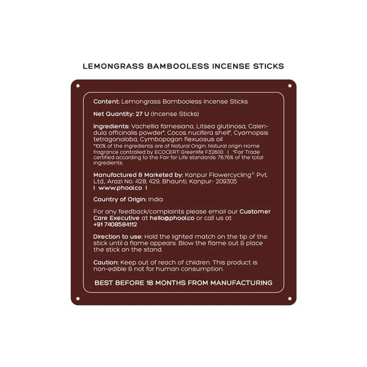 Back of lemongrass bambooless incense sticks pack in brown with product details