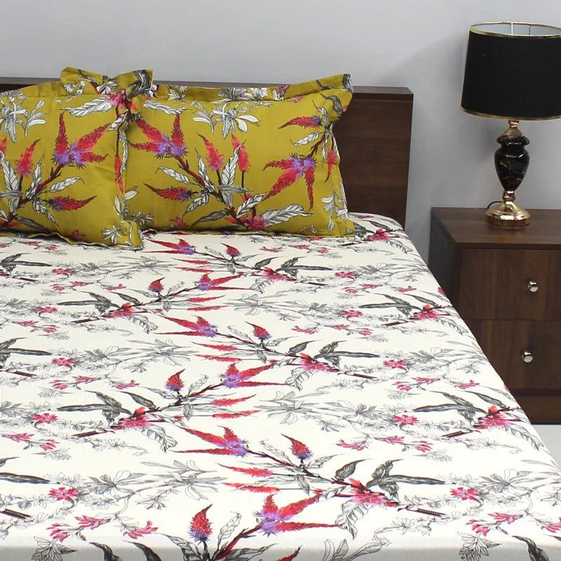 Waida Floral Cotton Bedsheet (Yellow,White) - 110 TC media 1