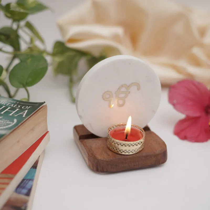 Ik Onkar Marble Religious Accent With Tealight Candle Holder media 5