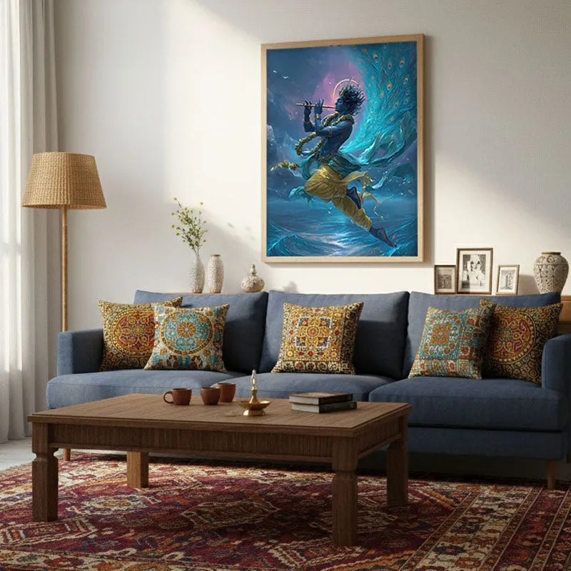 Lord Krishna in Celestial Radiance Archival Paper Wall Art - Natural Brown Frame media 4