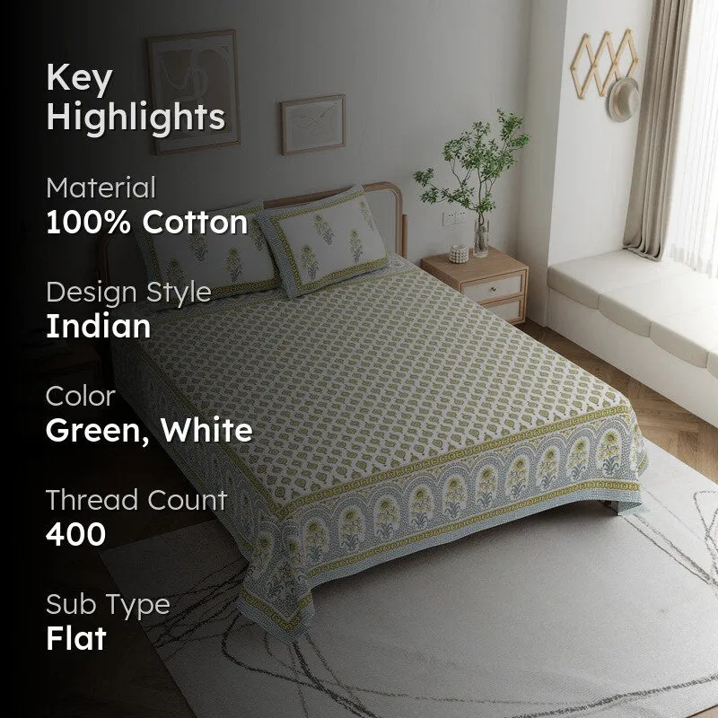 OvoFloro Handblock Printed Cotton Bedsheet (Green) - 400 TC media 2