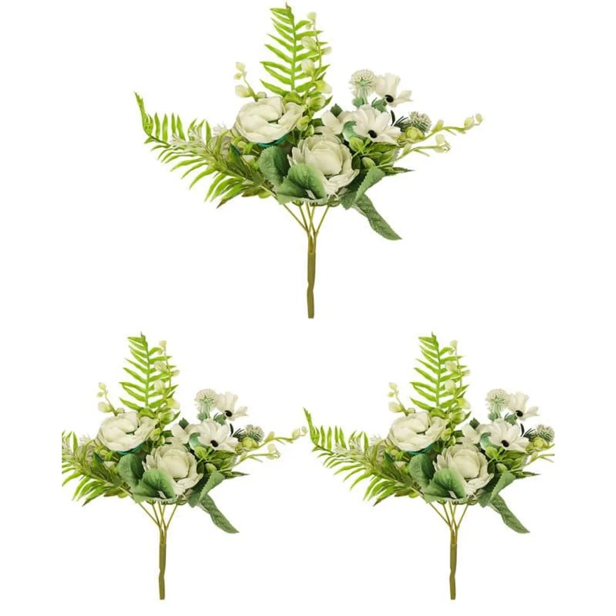 Three matching white and green artificial flower arrangements displayed together