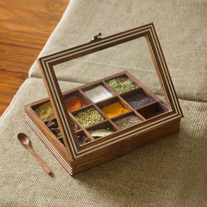 Spice Grid Food Safe Sheesham Wood Masala Box - 90 ML media 1