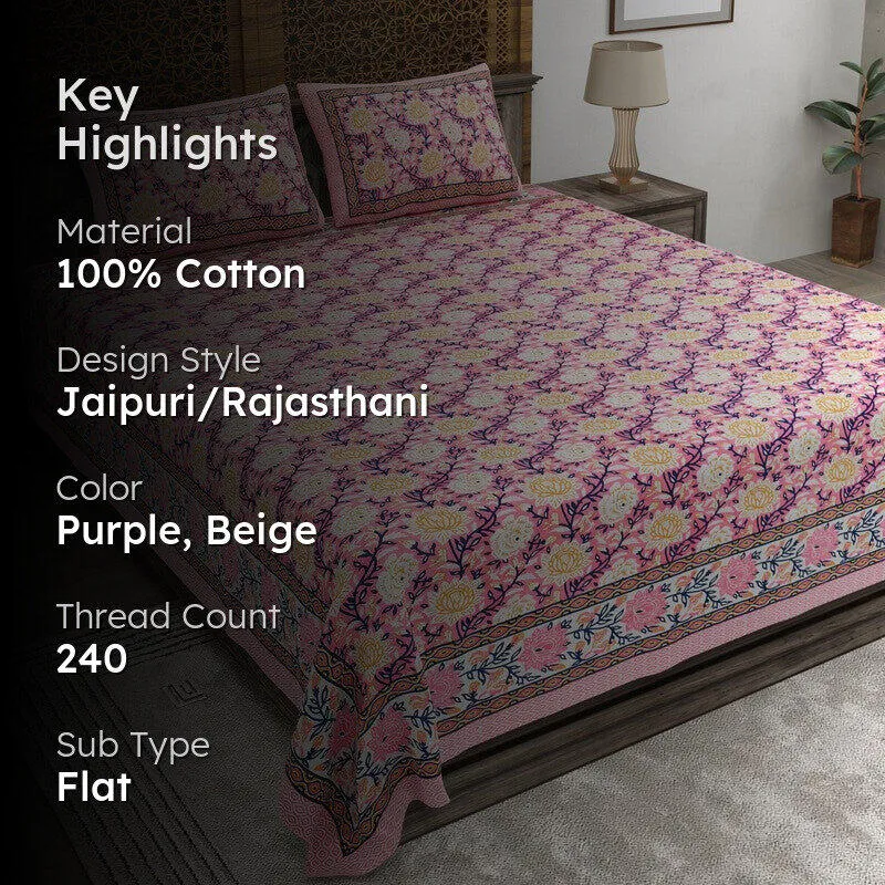 Bloomo Cotton Bedsheet (Purple,Beige) - 240 TC media 2