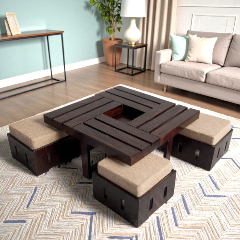 Flavon Sheesham Wooden Center Table with Stools and Cushions (Brown) - Nine Piece Set