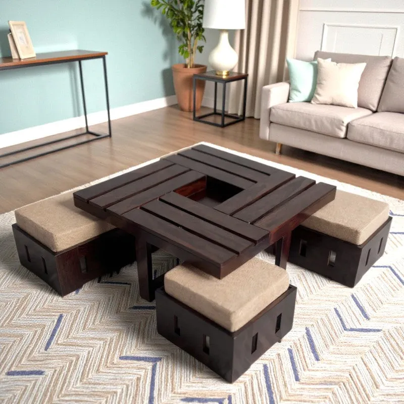 Flavon Sheesham Wooden Center Table with Stools and Cushions (Brown) - Nine Piece Set media 1