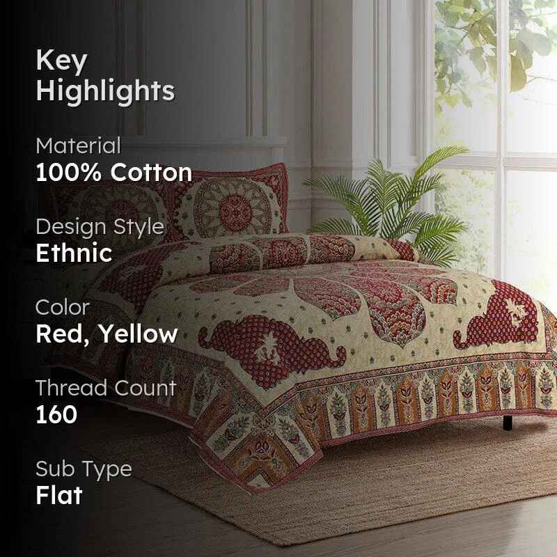 Jalandhara Ethnic Cotton Bedsheet (Red) - 160 TC media 2