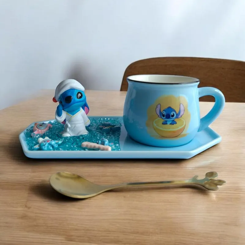 Stitch Bliss Ceramic Coffee Mug With Tray (180 mL) - Blue - 3
