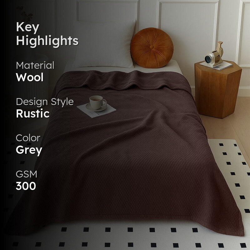 Plushyn Solid Woolen Blanket (Grey) - 300 GSM media 2