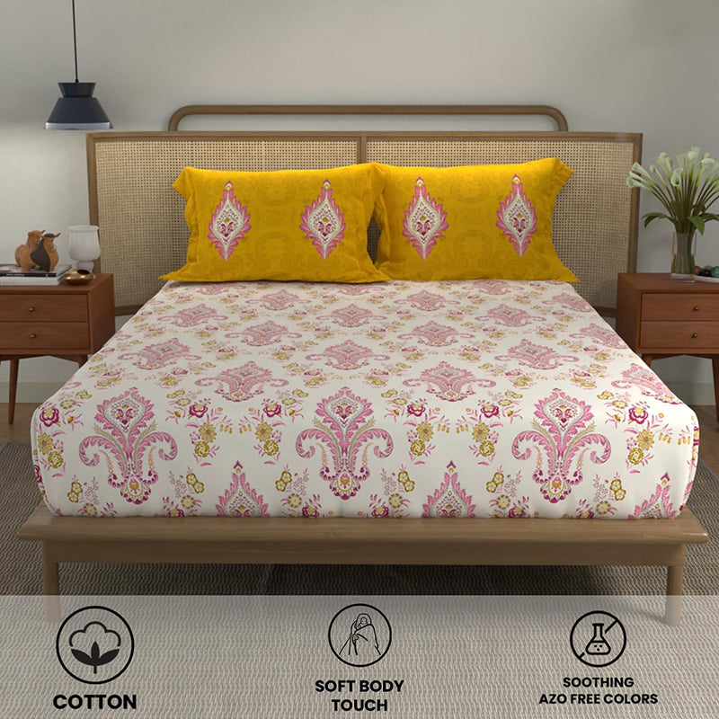 Urban Space Lyssa Cotton Bedsheet (Yellow,Pink) - 144 TC media 5