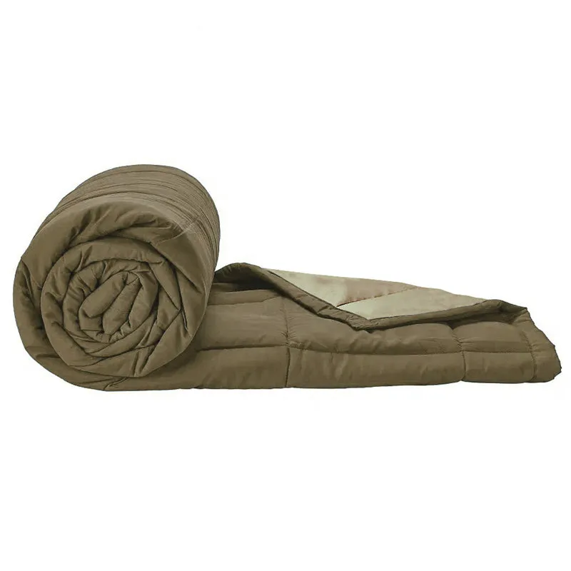 Rolled olive-brown quilted comforter shown against a white background