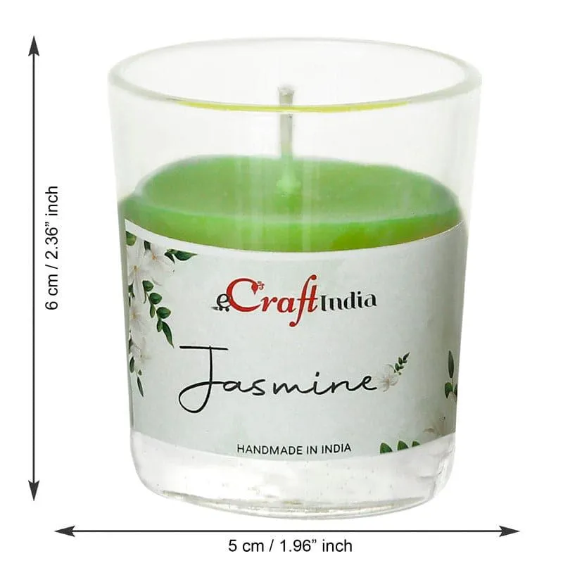 Single green jasmine candle in a clear glass holder shown with height and width arrows