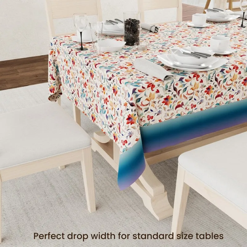 Close view of the multicolour floral table cover draped over a table