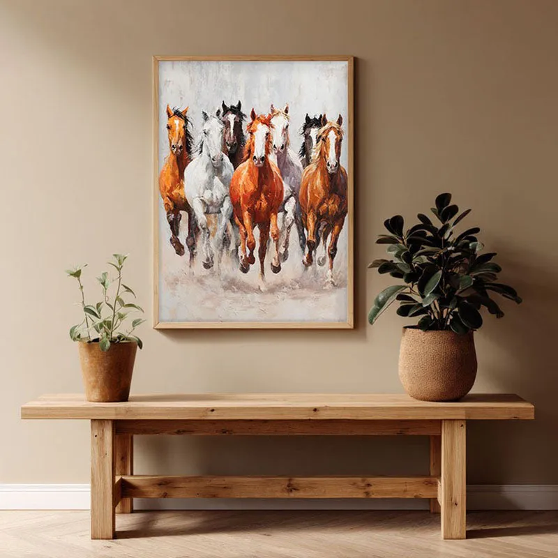 Storm of Hooves Horse Wall Painting With Brown Frame media 1