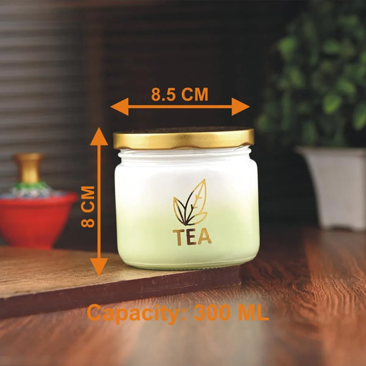 Tea jar shown with 8 cm height and 8.5 cm width markings