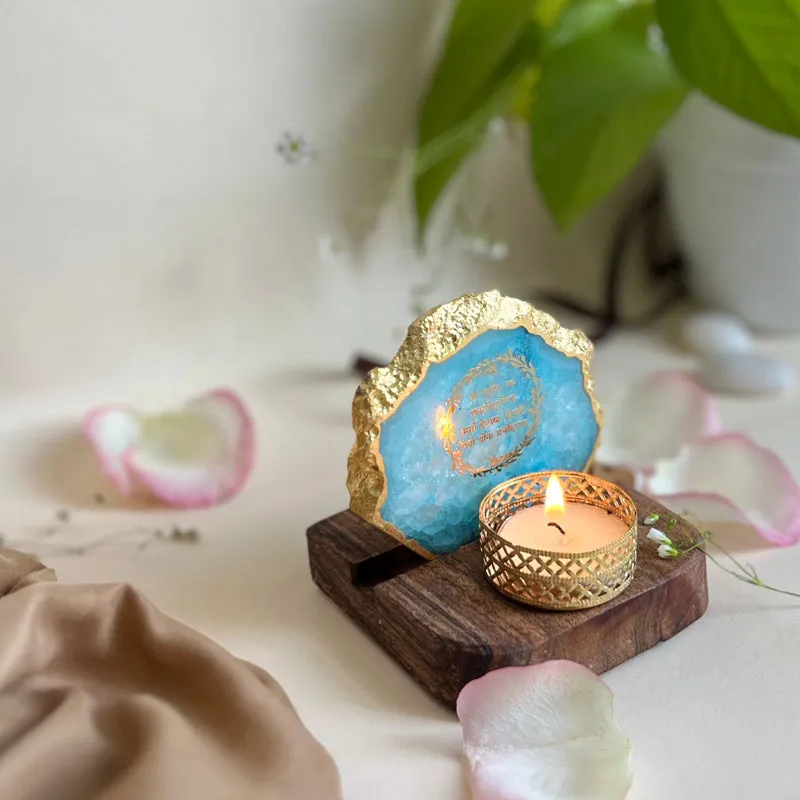 Gayathri Mantra Handcrafted Agate Religious Accent With Tealight Candle Holder - Turquoise media 3