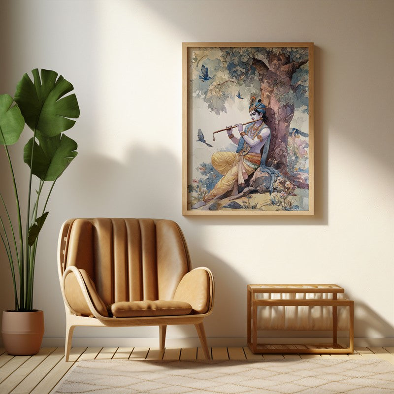 Vrindavan Bihari Lord Krishna Blissful Archival Paper Wall Art - Natural Brown Frame