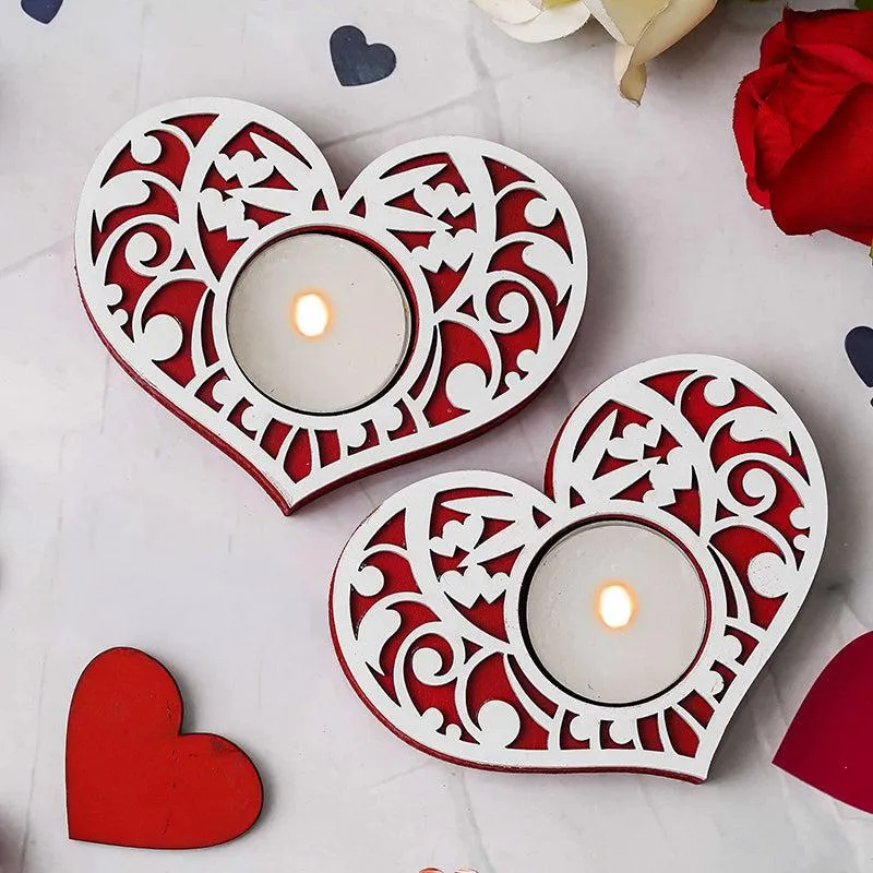 Intricate Heart Wood Tea Light Holder (Red) - Set Of Two media 3