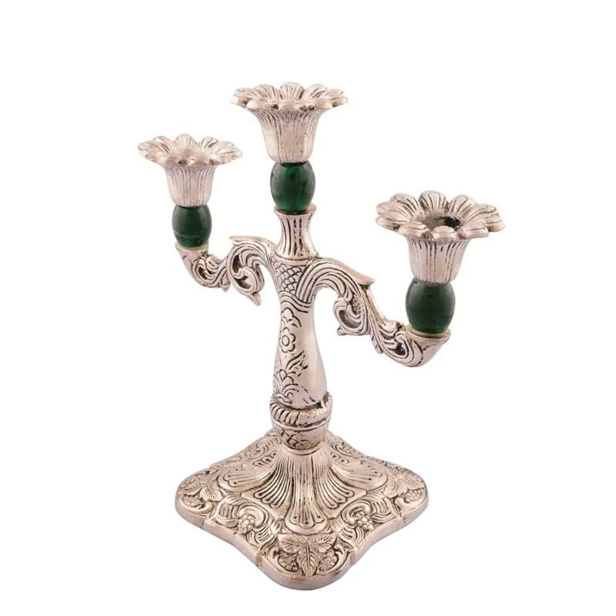 Angled view of ornate silver and green three-arm candle stand