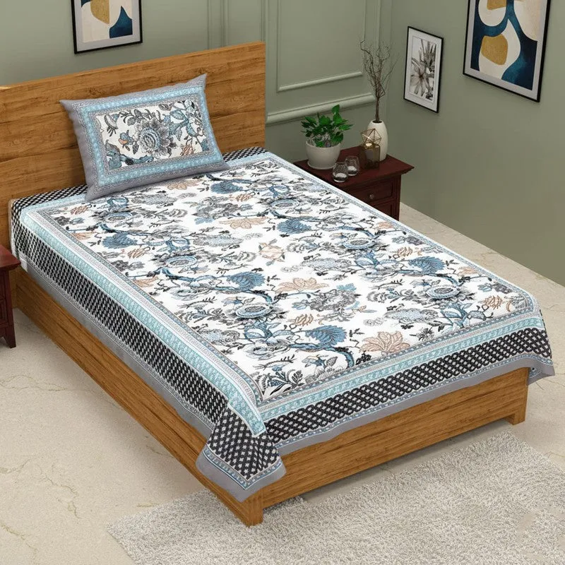 Sleepora Floral Cotton Bedsheet (Blue & White) - 240 TC media 3