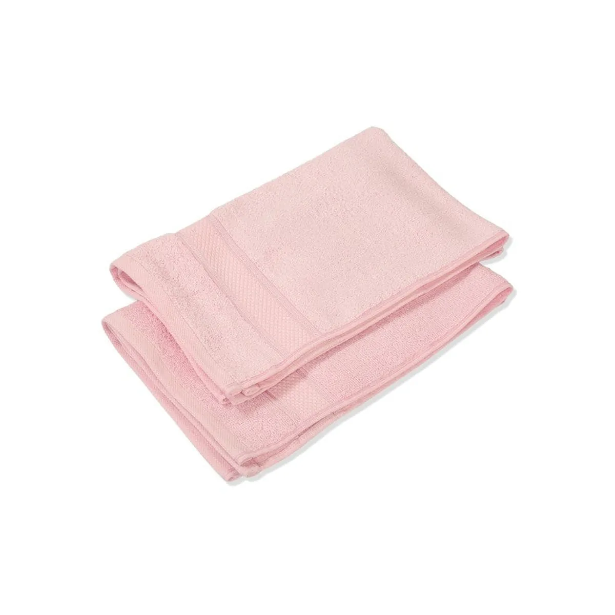 Two folded light pink hand towels shown at an angle