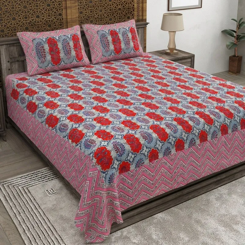 Floraum Cotton Bedsheet (Red,Grey) - 240 TC media 1