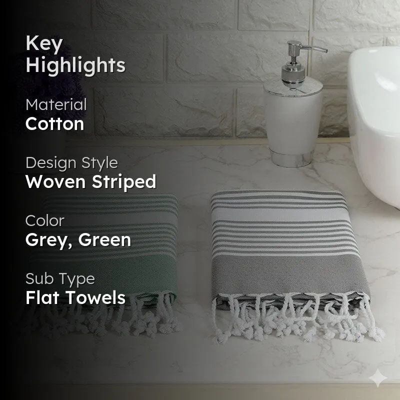Loomera Striped Cotton Bath Towels (Grey & Green) - Set Of Two media 2