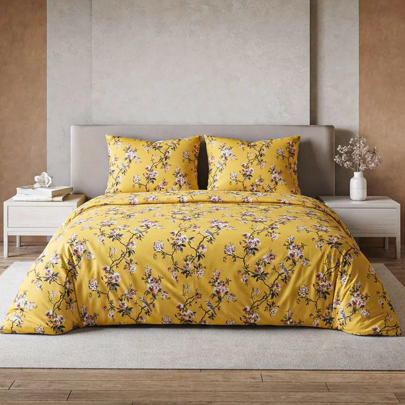 Cherry Blossom Floral Cotton Bedsheet (Mustard Yellow) - 254 TC media 1