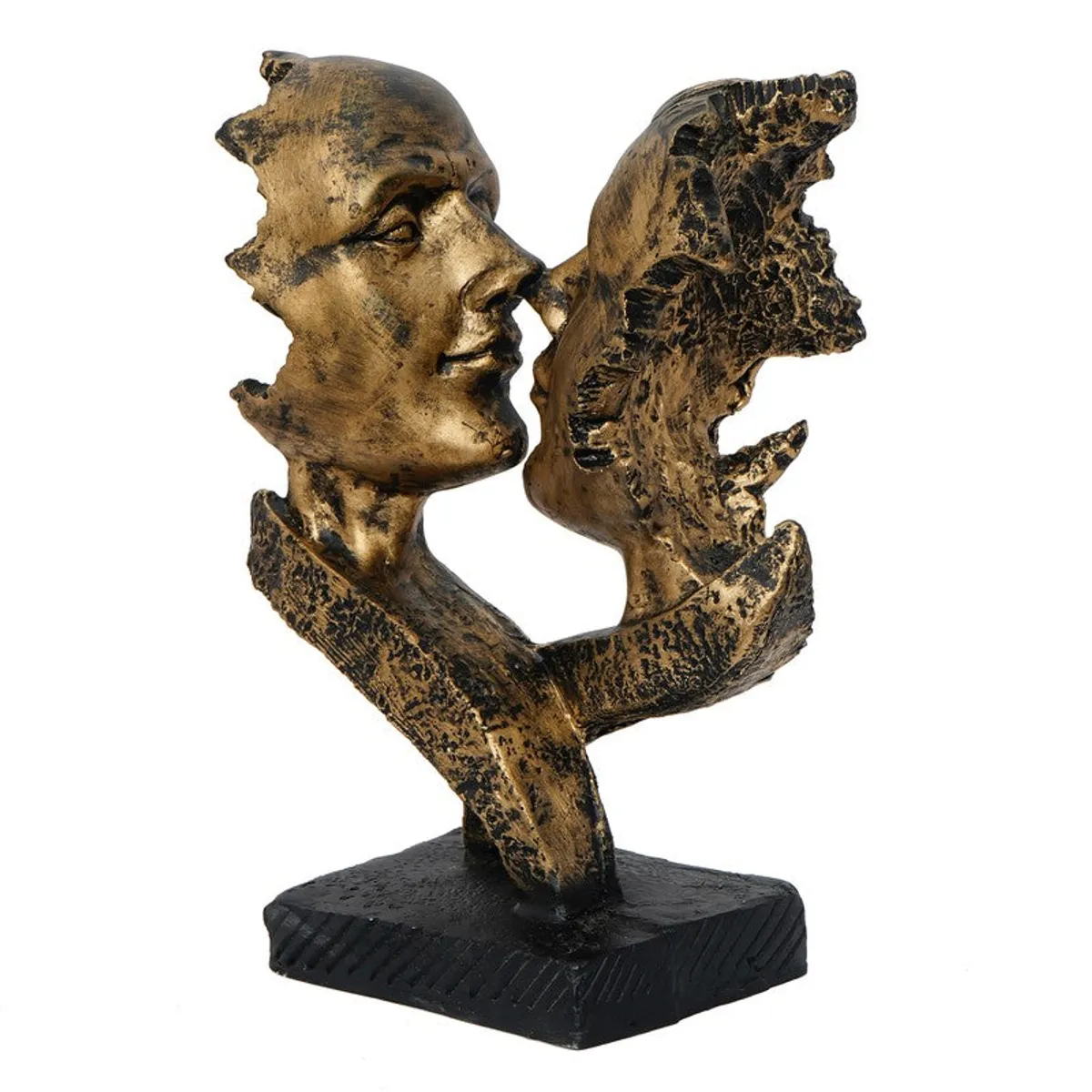 Angled view of a gold-toned abstract resin face showpiece