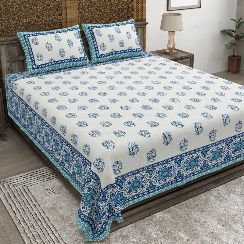 Bloomly Cotton Bedsheet (Off White,Blue) - 240 TC media 1