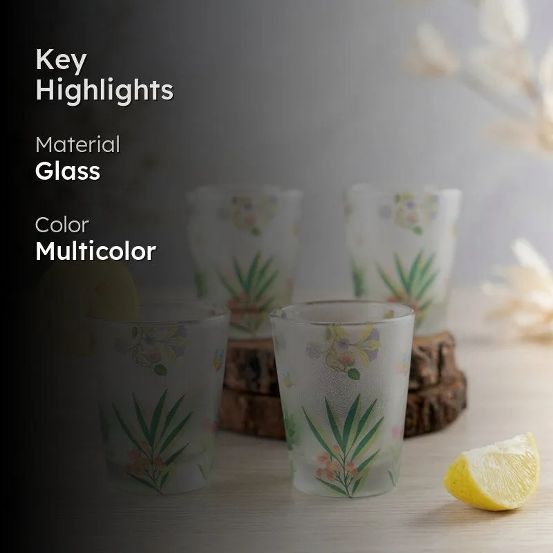 Frosted botanical shot glasses with dark overlay on the left