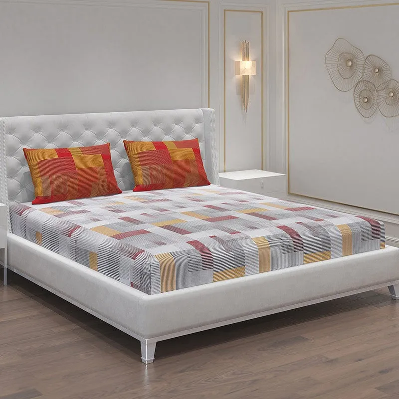 Monte Carlo Checkora Cotton Bedsheet (White,Orange) - 104 TC media 1