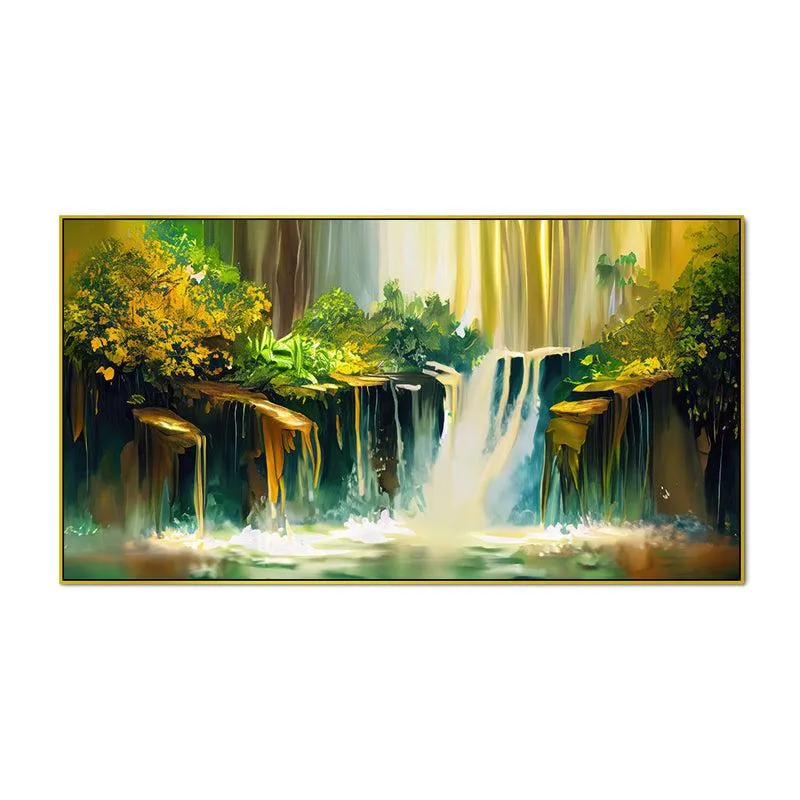 Utopian Waterfalls Landscape Canvas Wall Painting With Frame - Gold media 4