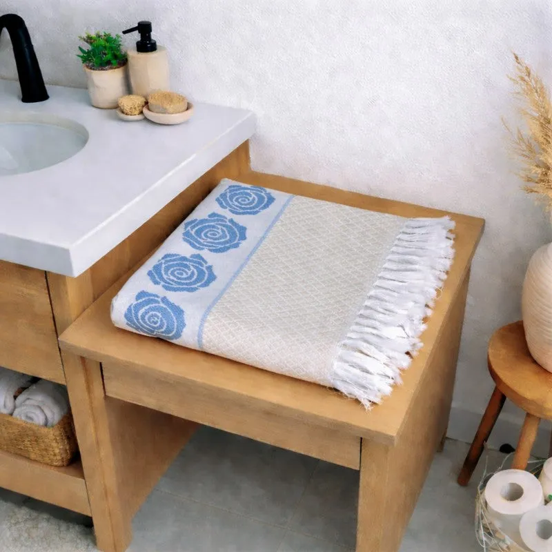 Rosette Cotton Bath Towel (Blue & White) - Set Of Two media 4