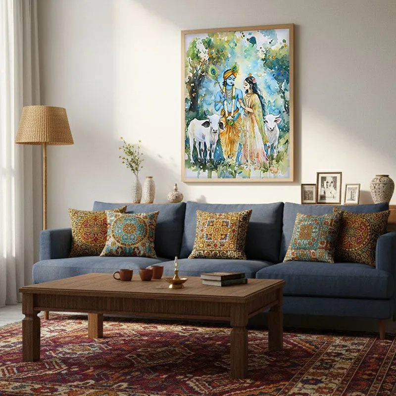 Sri Radha Krishna Spiritual Archival Paper Wall Painting - Natural Brown Frame media 3