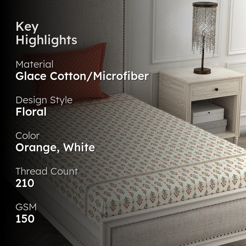 Flowers Of Jaipur Floral Microfiber Microfiber Bedsheet (Green & Orange) - 150 GSM media 2