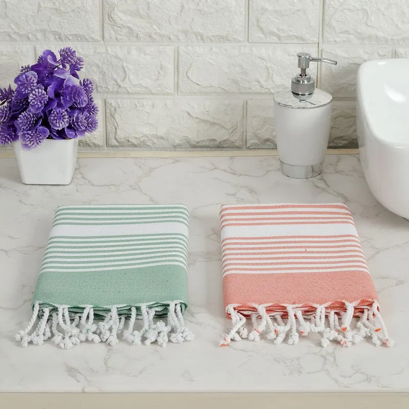 Loomera Striped Cotton Bath Towels (Green & Orange) - Set Of Two media 1