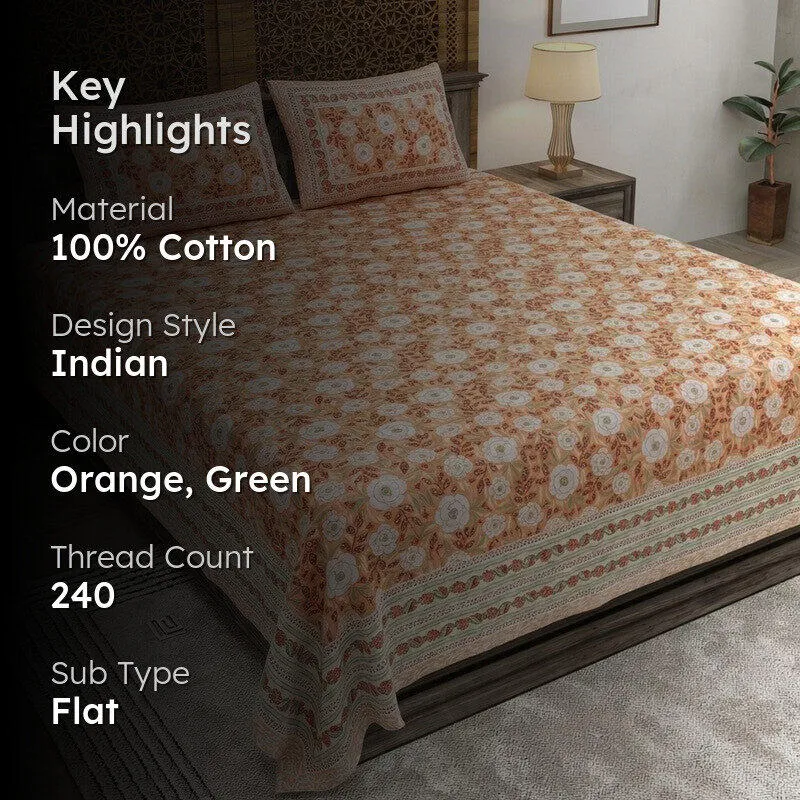 Loomva Cotton Bedsheet (Orange,Green) - 240 TC media 2