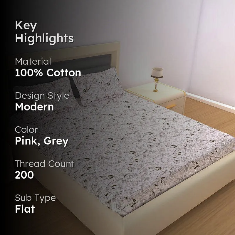 Bloom In Vine Floral Cotton Bedsheet (Pink & Grey) - 200 TC media 2