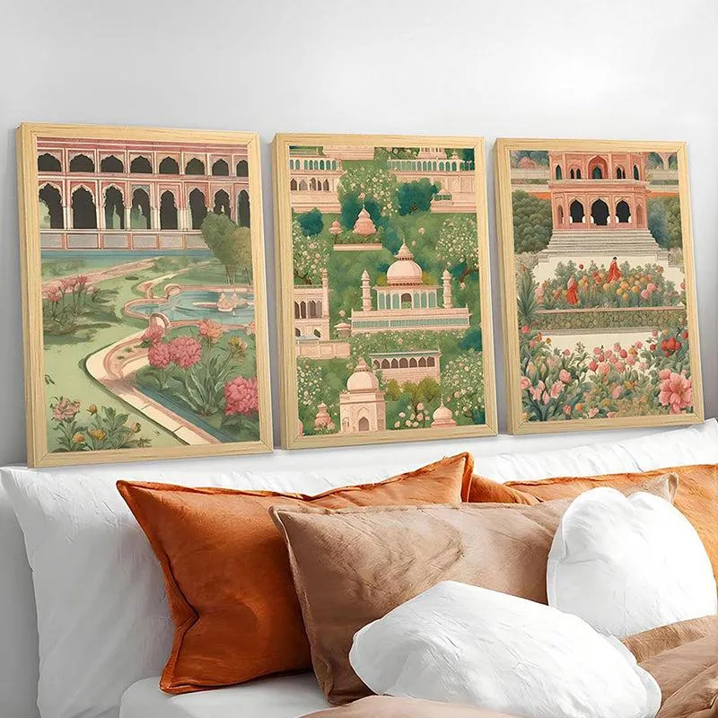 Gulshan-E-Mahal Mughal Paper Wall Art With Frame (Green) - Set Of Three media 6