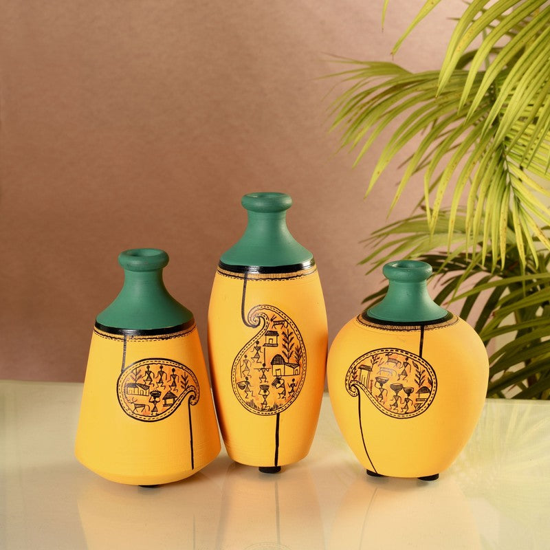 Aurora Handpainted Yellow Ceramic Vase - Set Of Three
