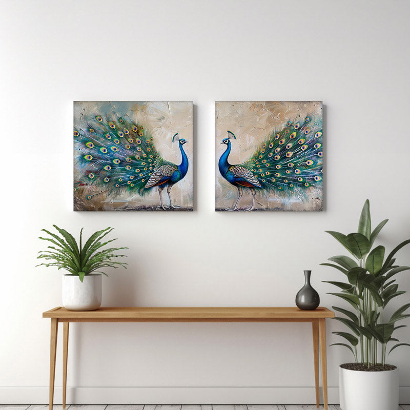 Peacock Paradise Canvas Wall Art - Set Of Two