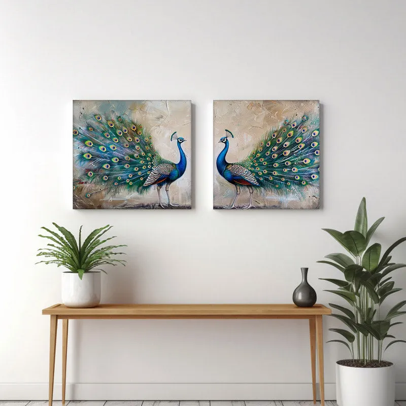 Peacock Paradise Canvas Wall Art - Set Of Two media 1