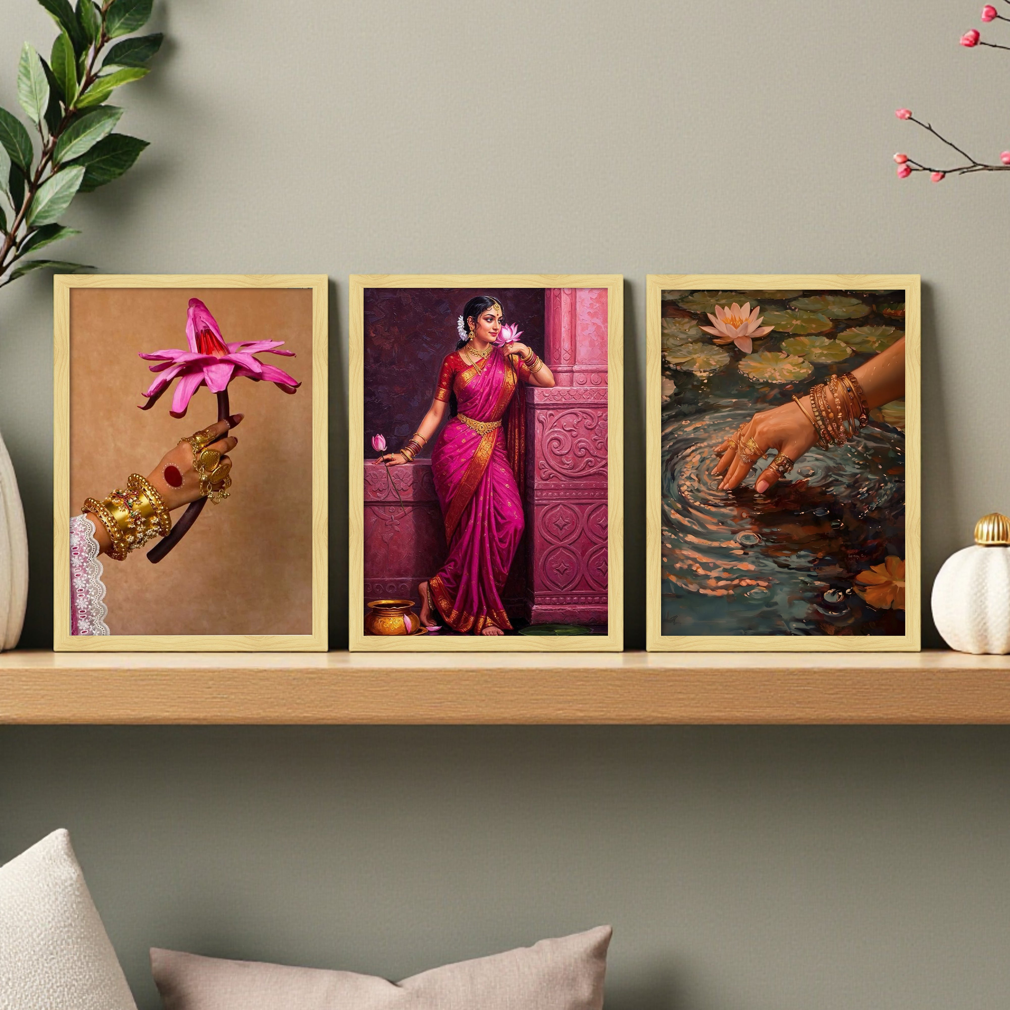 Classical Indian Woman Wall Painting With Frame - Set Of Three