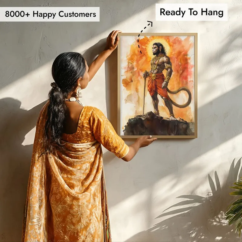 Anjaneya's Leap Spiritual Archival Paper Wall Painting - Natural Brown Frame media 7