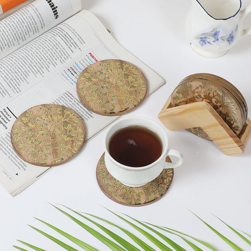 Sona Patta Wooden Coaster with Stand - Seven Piece Set