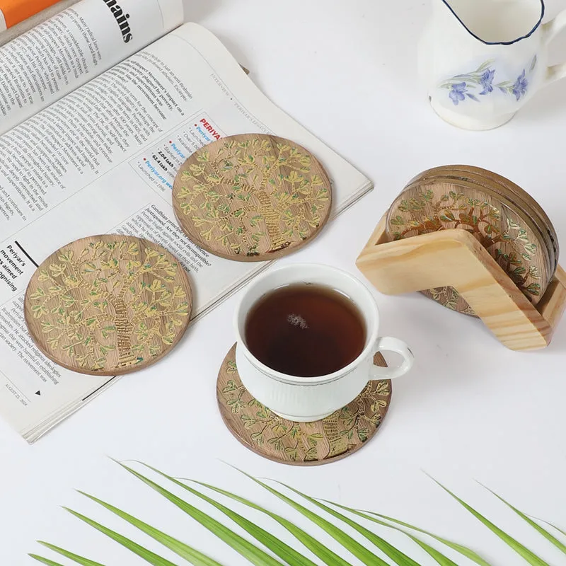 Sona Patta Wooden Coaster with Stand - Seven Piece Set media 1