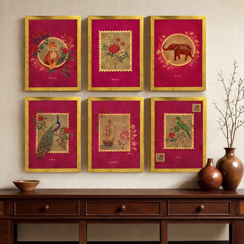 Sultanate Stamps Paper Wall Painting With Frame - Set Of Six media 6