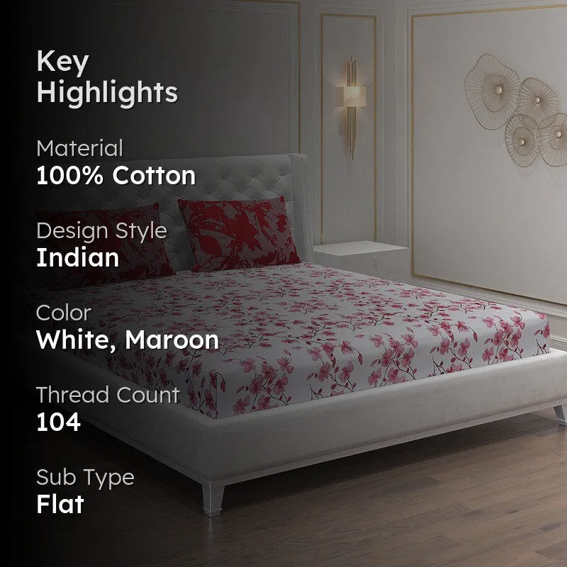 Monte Carlo Floraline Cotton Bedsheet (White,Maroon) - 104 TC media 2