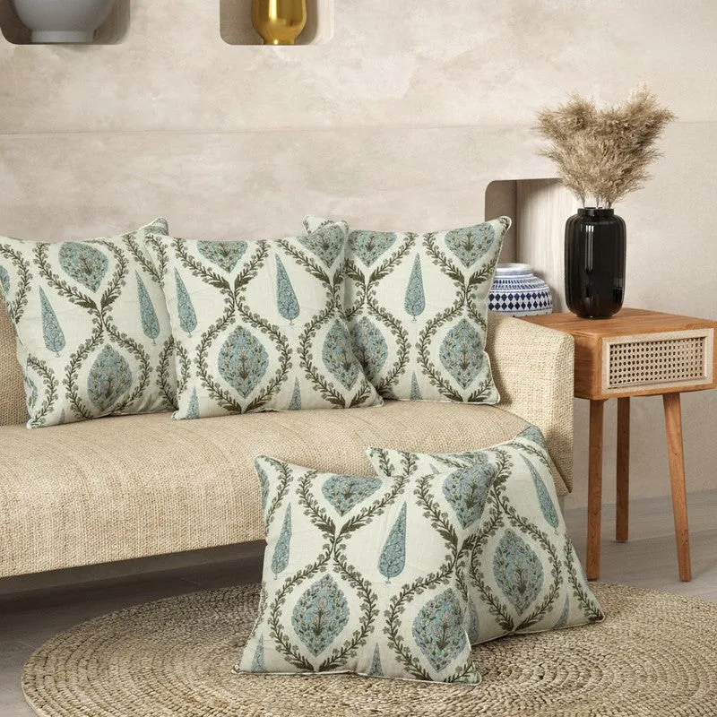 Teardrop Motif White & Green Cushion Cover Set - Set Of Five media 1